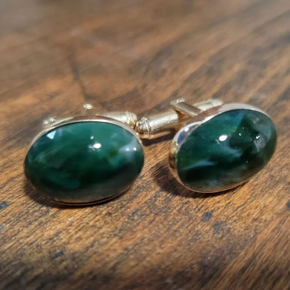 Green Jasper Stone Cuff Links Gold Tone Setting Bullet Back
